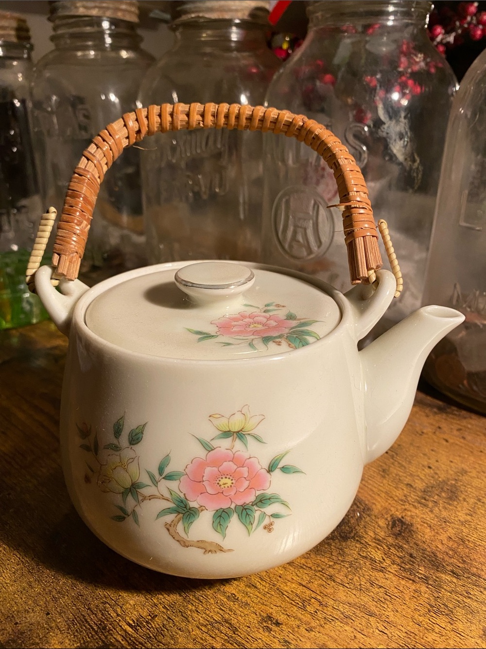 White Porcelain Floral Teapot with Woven Bamboo Handle